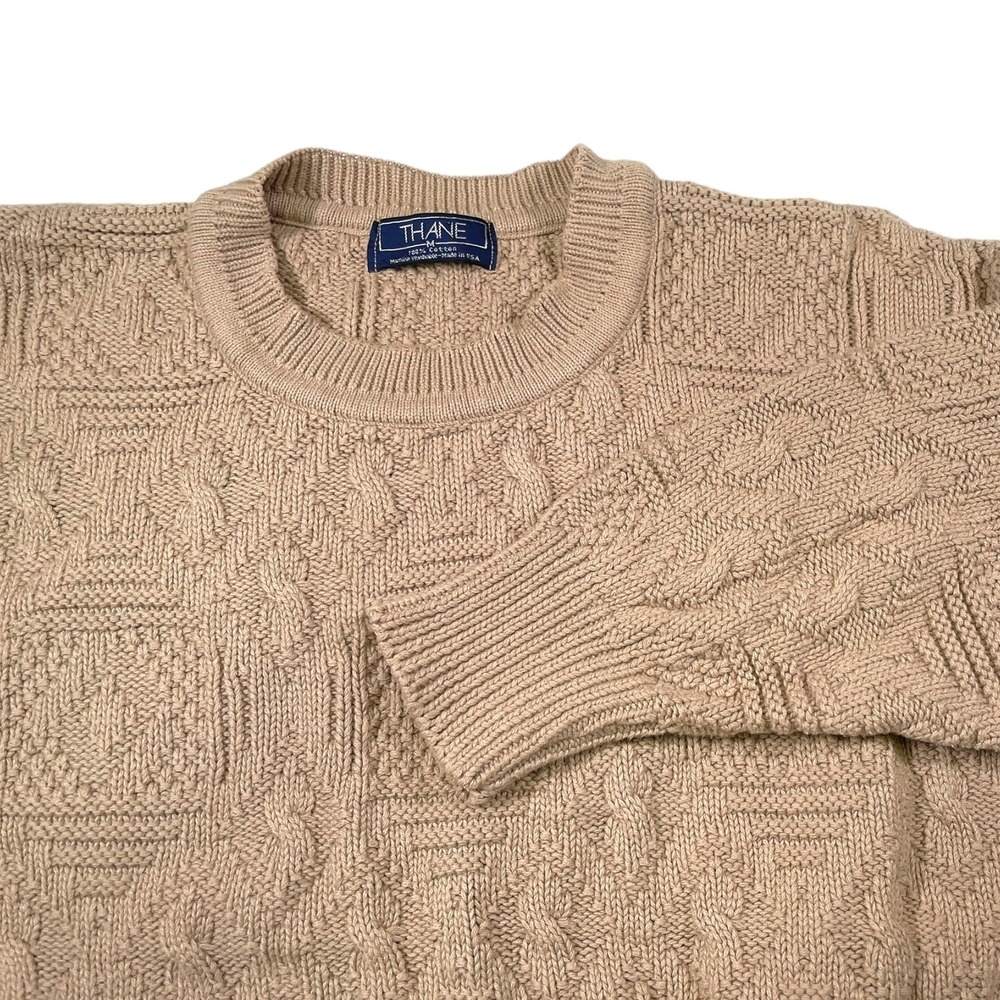Thane M Tan Crewneck Sweater Cable Knit Textured Cotton Vintage Grandpa Core